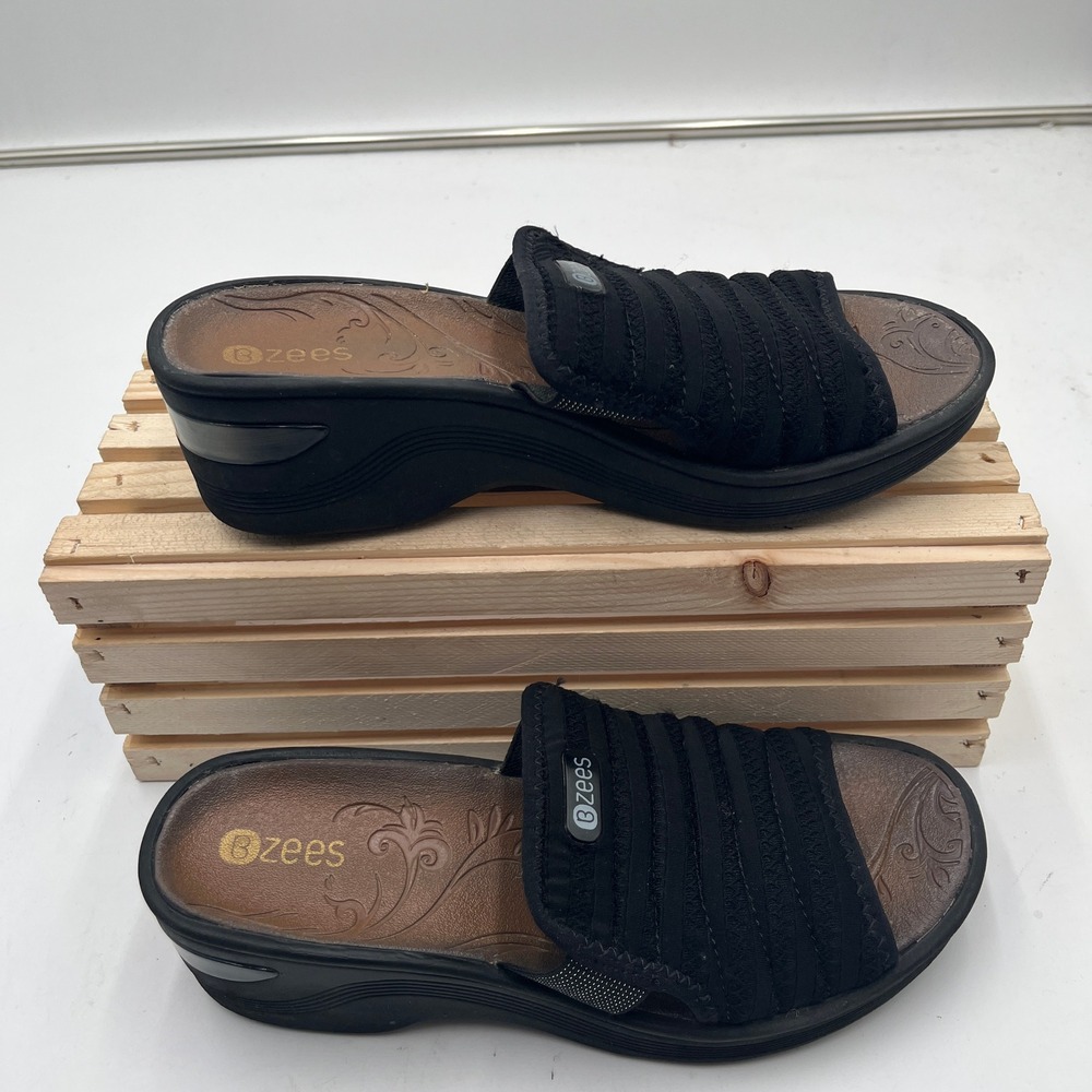 Bzees Sandals Joyride Stretch Fabric Wedge Slide Black Womens 7.5M